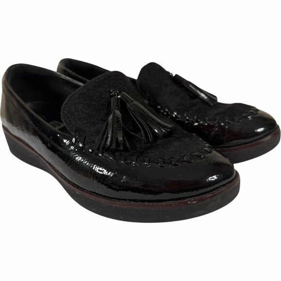 Fitflop Loafers 7 Women Black Patent Leather Calf Hair Tassel Patrina Paige - Picture 2 of 11
